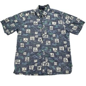 Reyn Spooner Shirt Mens Medium Blue Green Asian Print Button Up Classic Cotton